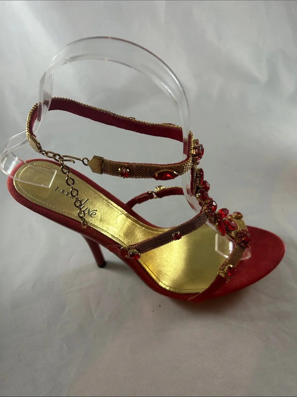 Red Jeweled T-Strap Slingback Heels - Picture 2 of 15